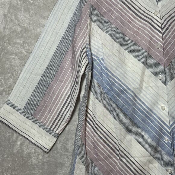 Chico's Linen Tunic Blouse Women's Size 2 Purple Blue Striped 3/4 Sleeve Button - Picture 3 of 11